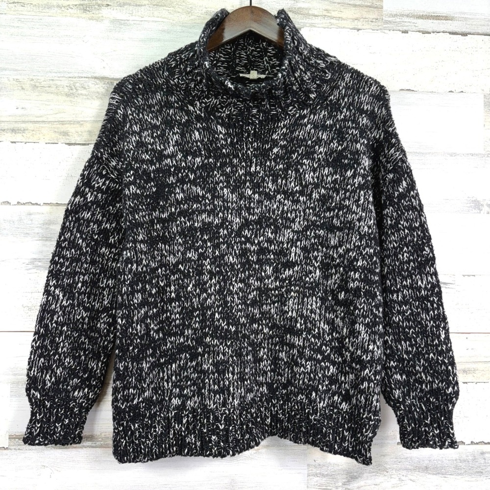 EILEEN FISHER Black White Marled Chunky Knit Mock Neck Sweater XS Organic Cotton